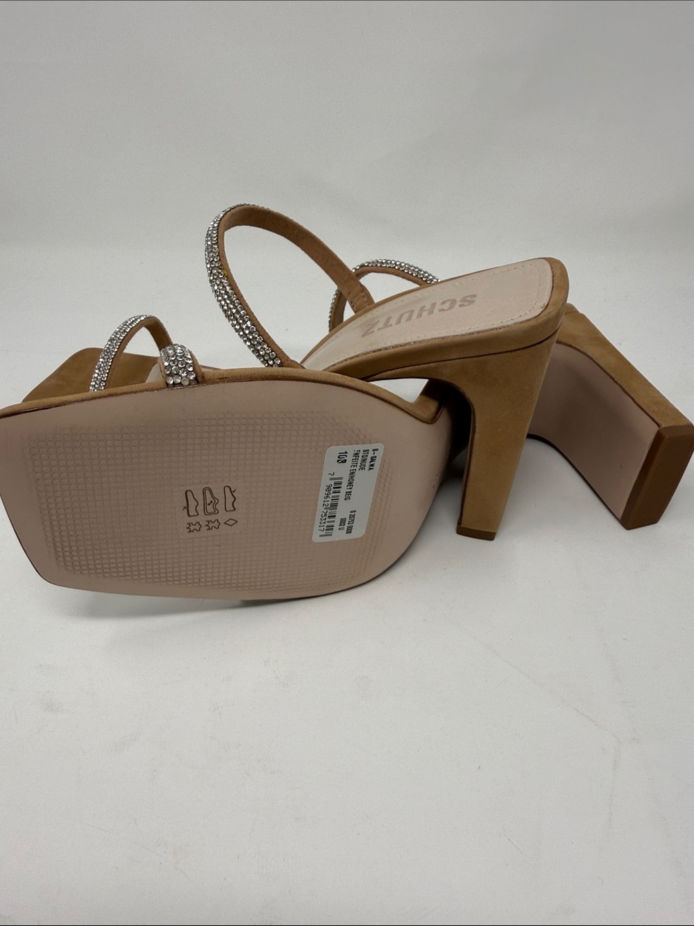 NEW SCHUTZ Tan Rhinestone Double-Strap Block Heel Mule - Picture 6 of 9